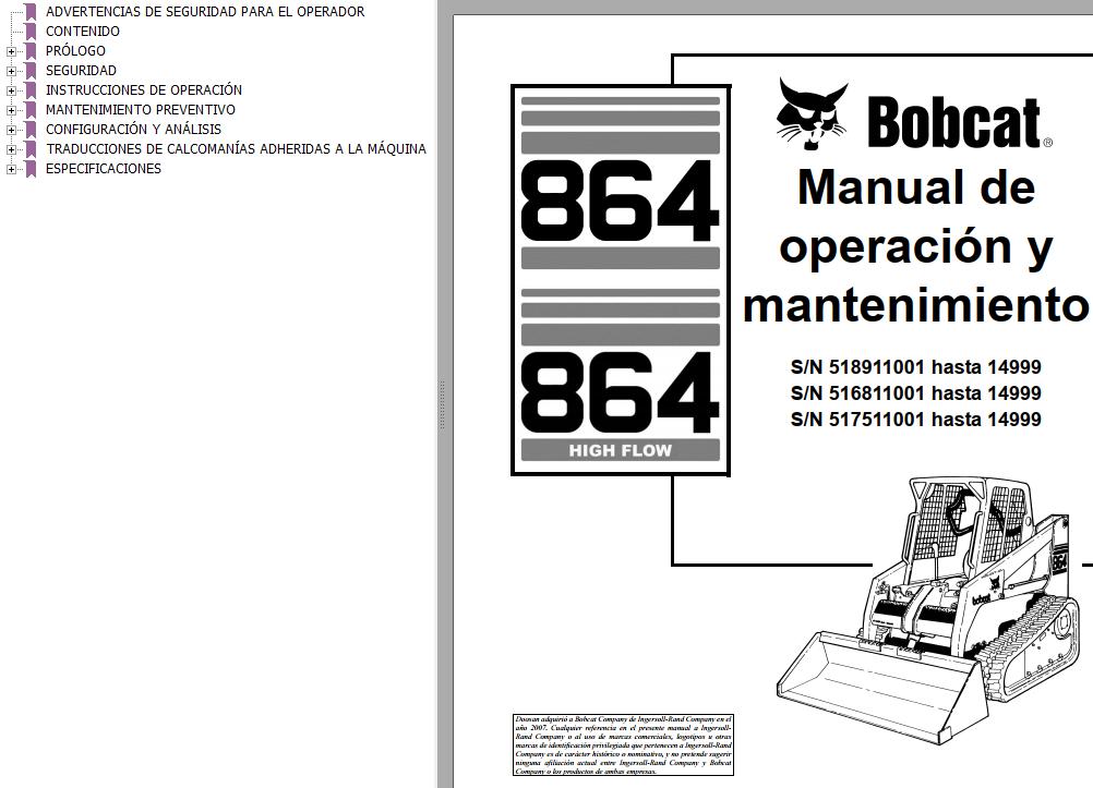 Bobcat Excavator 864 Operation Maintenance Manual 6900953 ES