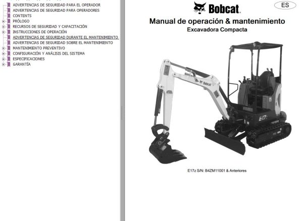Bobcat Excavator E17z Operation Maintenance Manual 7416736 ES