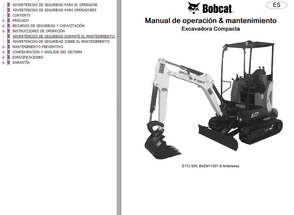 Bobcat Excavator E17z Operation Maintenance Manual 7416736 ES