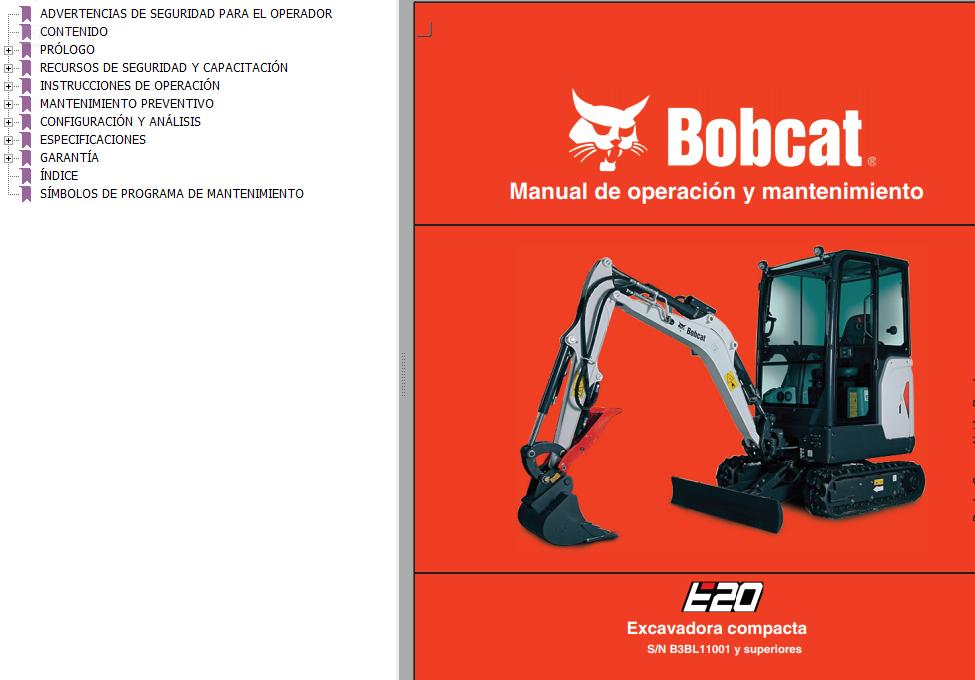 Bobcat Excavator E20 Operation Maintenance Manual 7255004 ES