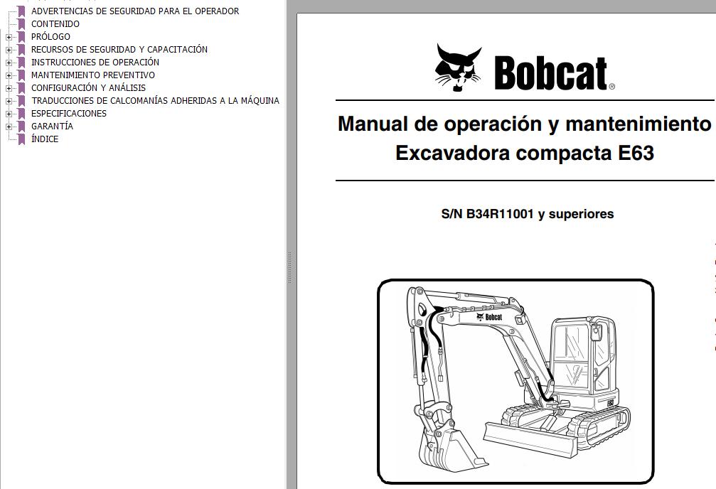Bobcat Excavator E63 Operation Maintenance Manual 6990612 ES
