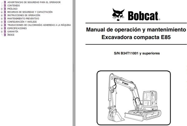 Bobcat Excavator E85 Operation Maintenance Manual ES