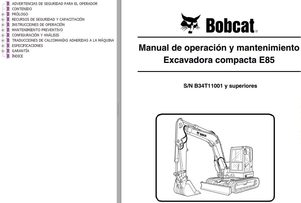 Bobcat Excavator E85 Operation Maintenance Manual ES