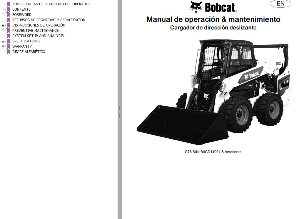Bobcat Excavator S76 Operation Maintenance Manual 7323979 ES