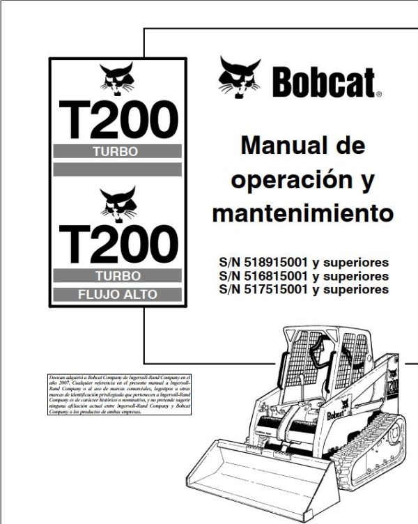 Bobcat Excavator T200 Operation Maintenance Manual 6901356 ES