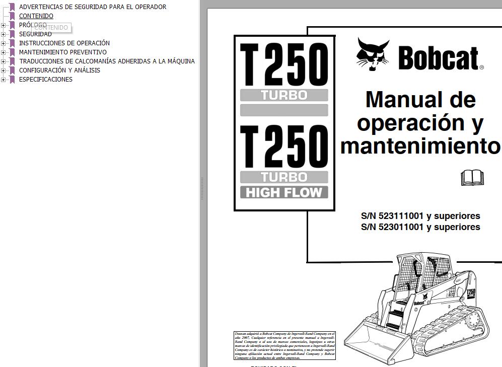 Bobcat Excavator T250 Operation Maintenance Manual ES
