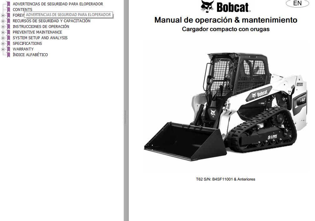 Bobcat Excavator T62 Operation Maintenance Manual 7353170 ES