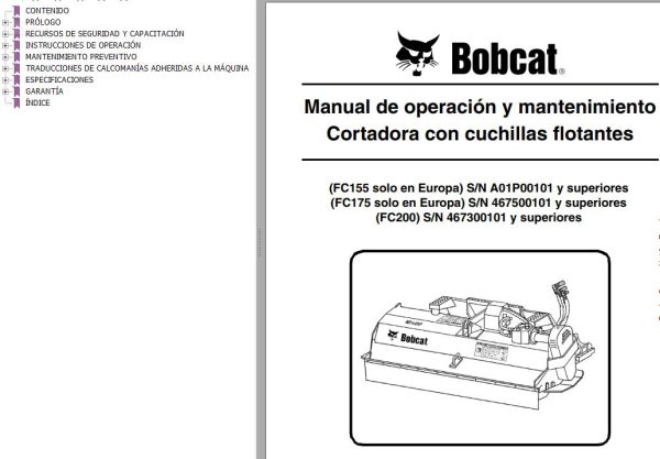 Bobcat Flail Cutter FC155 FC175 FC200 Operation Maintenance Manual 6903299 ES