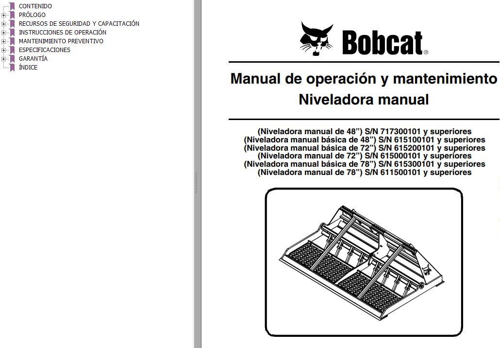 Bobcat Grader 48 72 78 Operation Maintenance Manual 6901095 ES