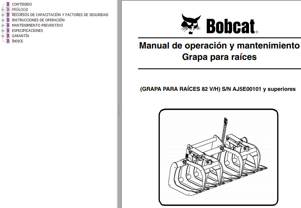 Bobcat Grapple Root 82V H Operation Maintenance Manual 6989430 ES