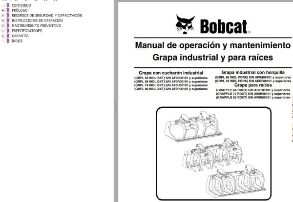 Bobcat Grapple Root GRPL 62 to GRPL 82 Operation Maintenance Manual 6987210 ES