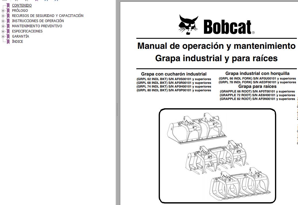 Bobcat Grapple Root GRPL 62 to GRPL 82 Operation Maintenance Manual 6987210 ES