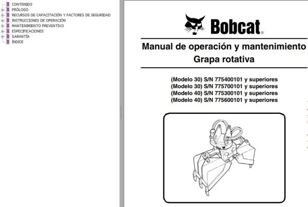 Bobcat Grapple Rotating 30 40 Operation Maintenance Manual 6901783 ES