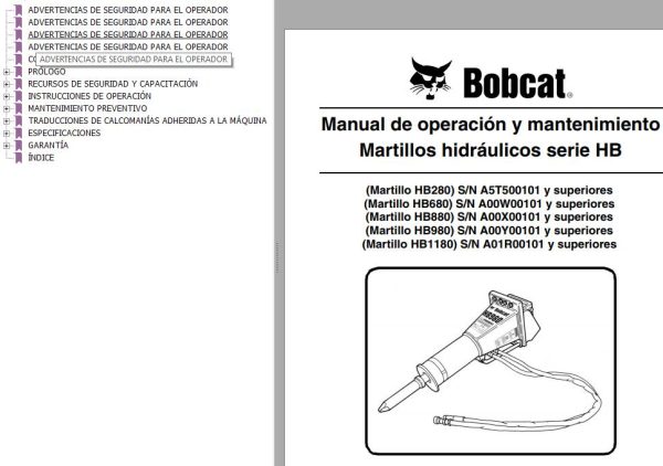 Bobcat Hydraulic Breakers HB280 HB680 HB880 HB980 HB1180 Operation Maintenance Manual 6904104 ES
