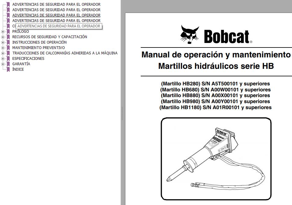 Bobcat Hydraulic Breakers HB280 HB680 HB880 HB980 HB1180 Operation Maintenance Manual 6904104 ES