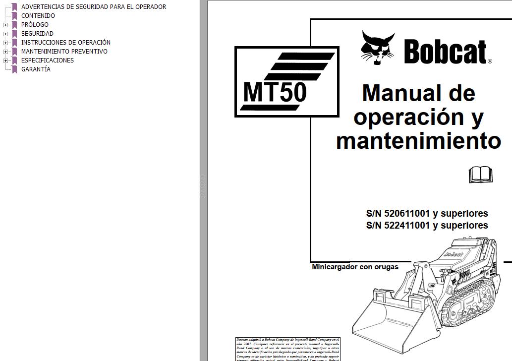 Bobcat Loader Mini Track MT50 Operation Maintenance Manual 6901508 ES