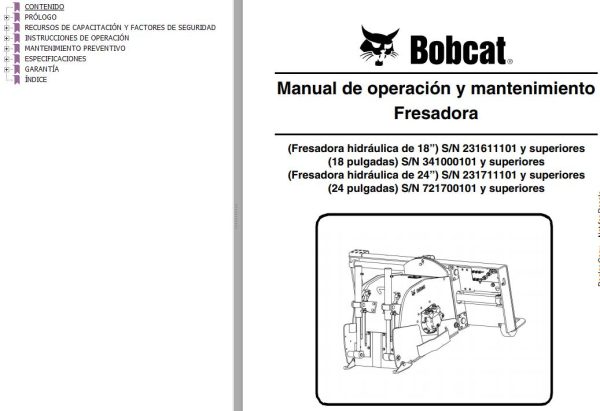 Bobcat Milling Machine 18 24 Operation Maintenance Manual 6900636 ES