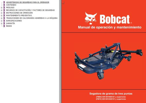 Bobcat Mower Three Point FM60 FM72 Operation Maintenance Manual 7384024 ES