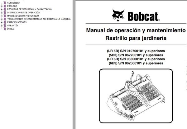 Bobcat Rake Landscape LR5B 5B3 LR6B 6B3 Operation Maintenance Manual 6724804 ES