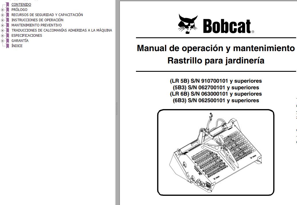 Bobcat Rake Landscape LR5B 5B3 LR6B 6B3 Operation Maintenance Manual 6724804 ES