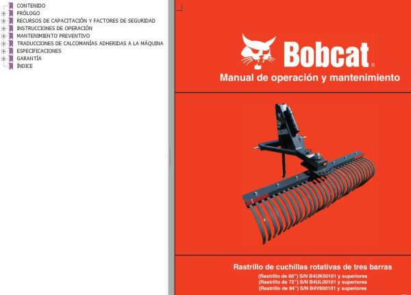 Bobcat Rake Three Point Tine 60 72 81 Operation Maintenance Manual 7383793 ES