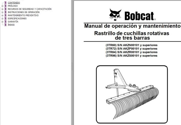 Bobcat Rake Tine 3TR60 3TR72 3TR84 3TR96 Operation Maintenance Manual 6989536 ES