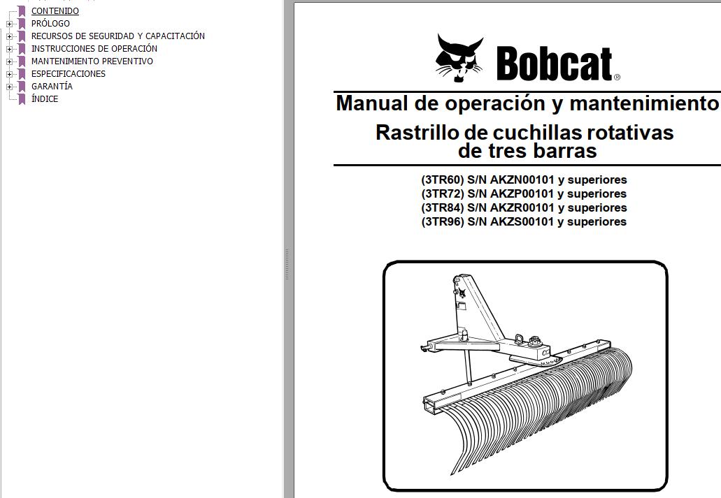 Bobcat Rake Tine 3TR60 3TR72 3TR84 3TR96 Operation Maintenance Manual 6989536 ES