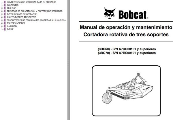 Bobcat Rotary Cutter 3RC60 3RC70 Operation Maintenance Manual 6986513 ES