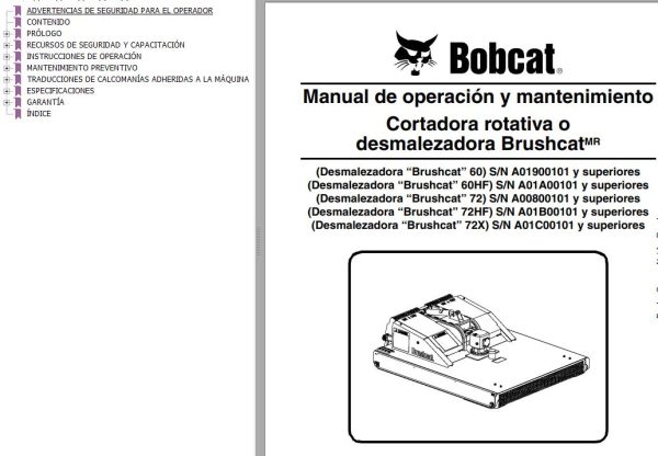 Bobcat Rotary Cutter 60 60HF 72 72HF 72X Operation Maintenance Manual 6904279 ES