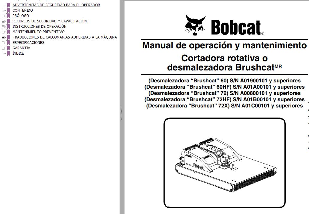 Bobcat Rotary Cutter 60 60HF 72 72HF 72X Operation Maintenance Manual 6904279 ES