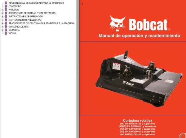 Bobcat Rotary Cutter 66 66HF 72 80 Operation Maintenance Manual 6990844 ES