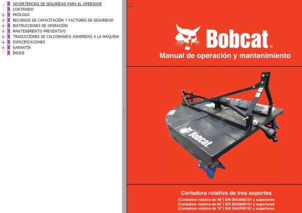 Bobcat Rotary Cutter Three Point 48 60 72 Operation Maintenance Manual 7383796 ES