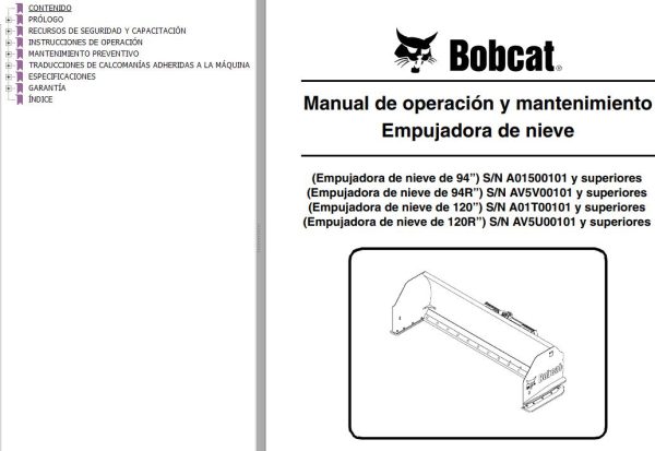 Bobcat Snow Pusher 94 94R 120 120R Operation Maintenance Manual 6904233 ES