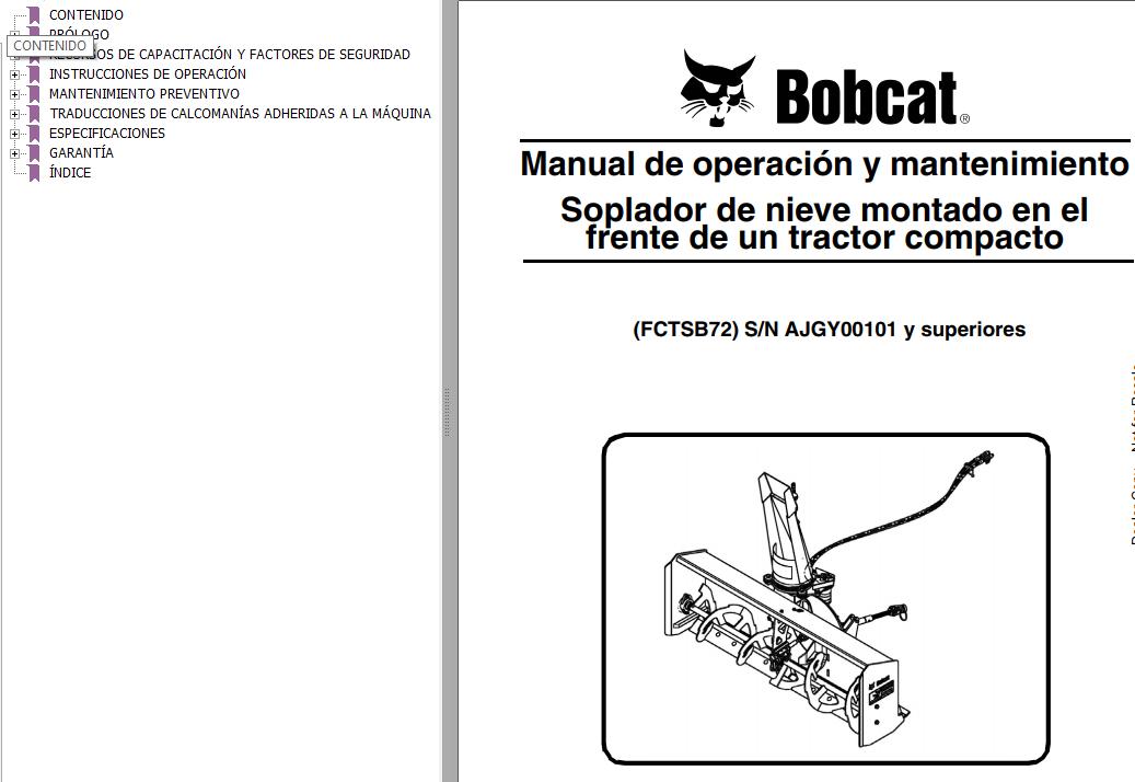 Bobcat Snowblower FCTSB72 Operation Maintenance Manual 6987298 ES 1