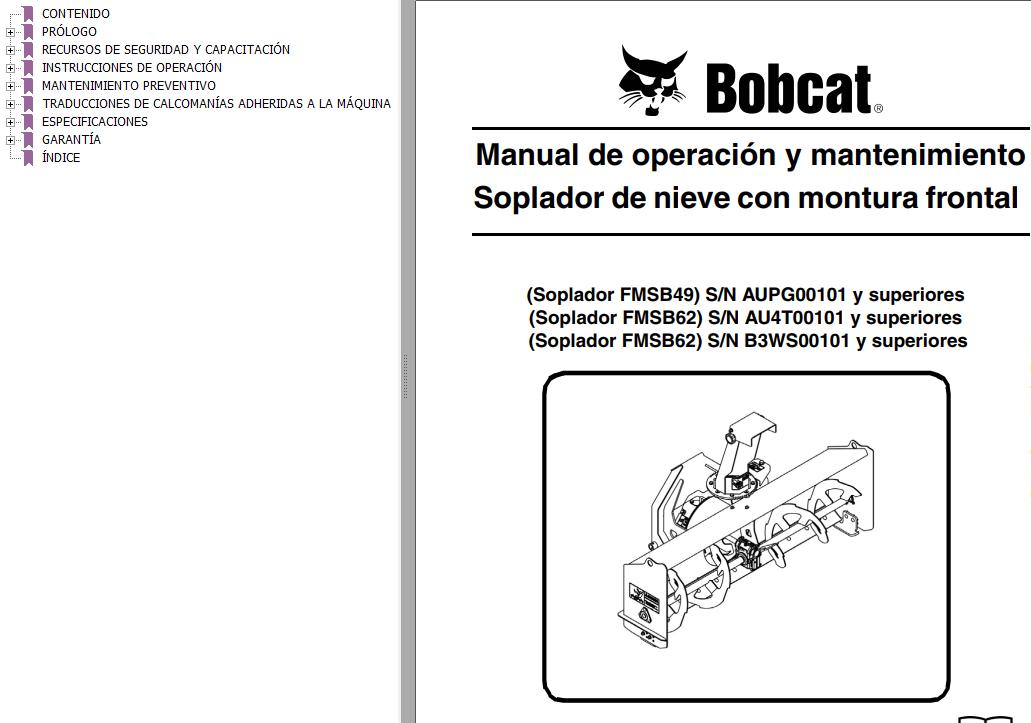 Bobcat Snowblower FMSB49 FMSB62 Operation Maintenance Manual 6990475 ES 1