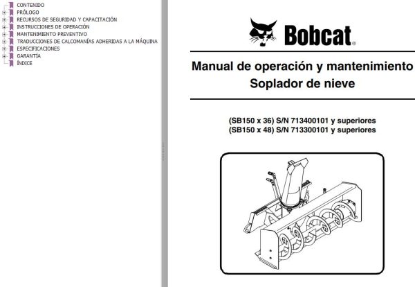Bobcat Snowblower SB150x36 SB150x48 Operation Maintenance Manual 6902477 ES