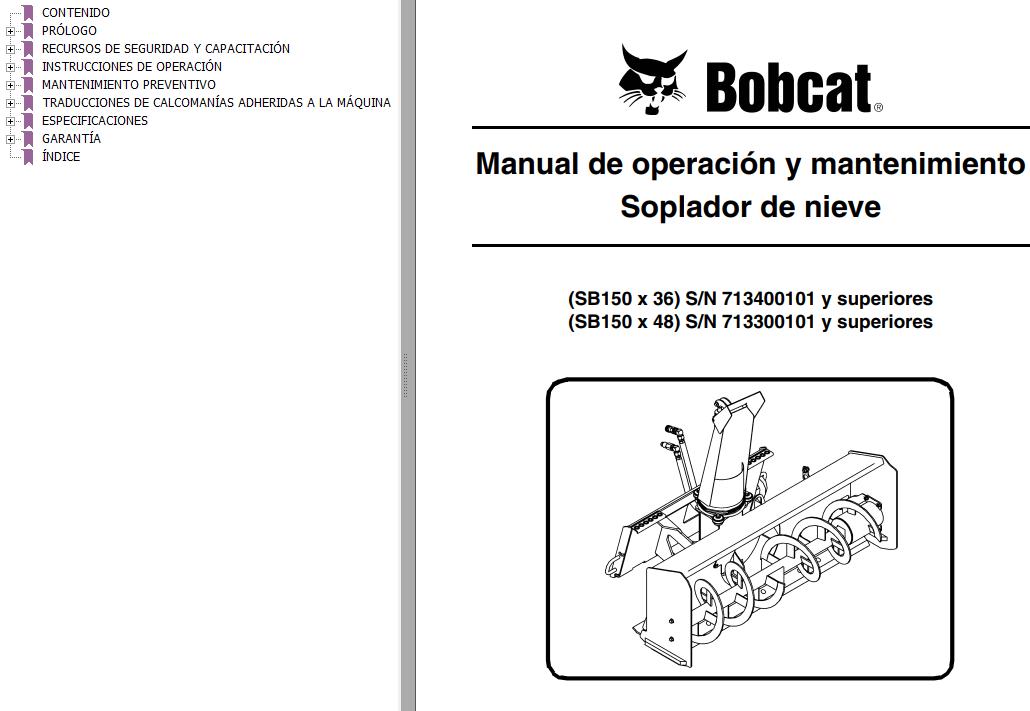 Bobcat Snowblower SB150x36 SB150x48 Operation Maintenance Manual 6902477 ES