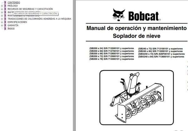 Bobcat Snowblower SB200x54 to SBX240x84 Operation Maintenance Manual 6902052 ES