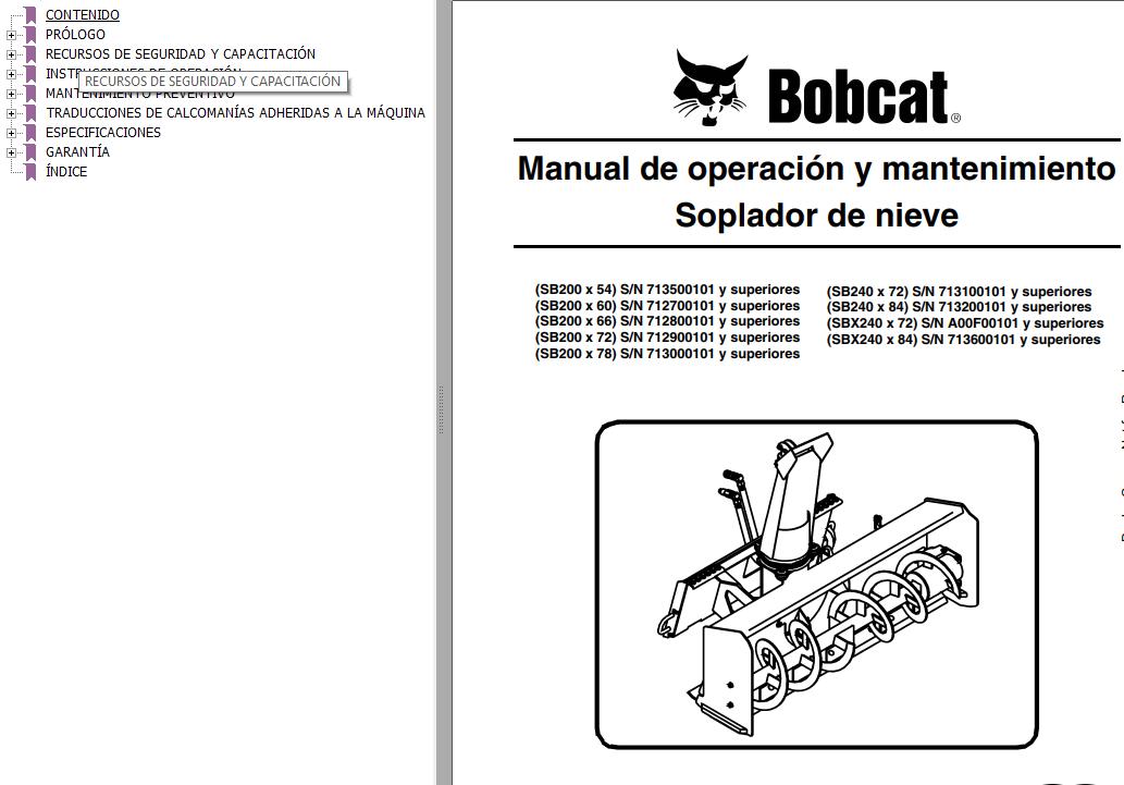 Bobcat Snowblower SB200x54 to SBX240x84 Operation Maintenance Manual 6902052 ES