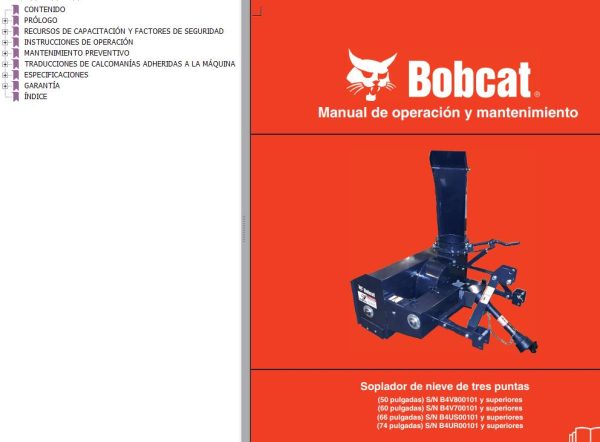 Bobcat Snowblower Three Point 50 60 66 74 Operation Maintenance Manual ES 7384036