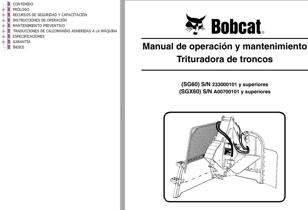 Bobcat Stump Grinder SG60 SGX60 Operation Maintenance Manual 6901089 ES