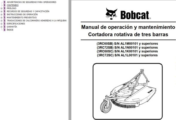 Bobcat Three Bar Rotary Cutter 3RC60SB 3RC72SB 3RC60SC 3RC72SC Operation Maintenance Manual 6989548 ES