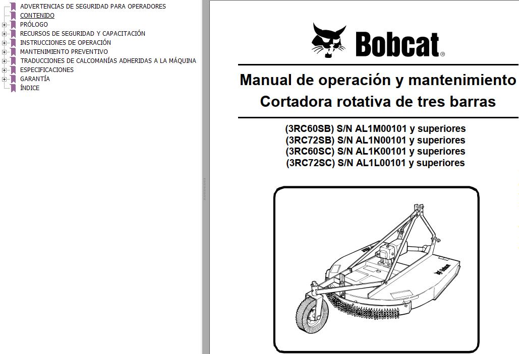 Bobcat Three Bar Rotary Cutter 3RC60SB 3RC72SB 3RC60SC 3RC72SC Operation Maintenance Manual 6989548 ES