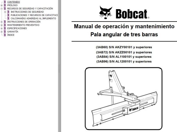 Bobcat Three Point Angle Blade 3AB60 3AB72 3AB84 3AB96 Operation Maintenance Manual 6989539 ES