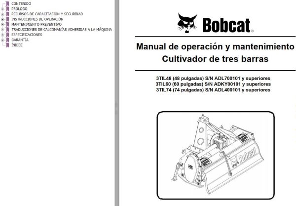 Bobcat Tiller 3TIL48 3TIL60 3TIL74 Operation Maintenance Manual 6987114 ES