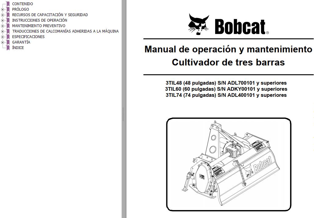 Bobcat Tiller 3TIL48 3TIL60 3TIL74 Operation Maintenance Manual 6987114 ES