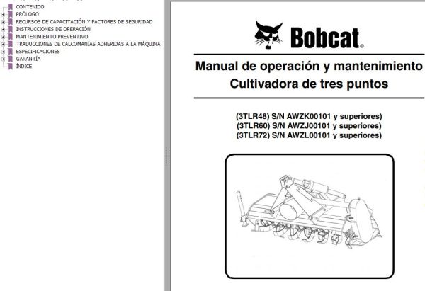 Bobcat Tiller 3TLR48 3TLR60 3TLR72 Operation Maintenance Manual 6990356 ES