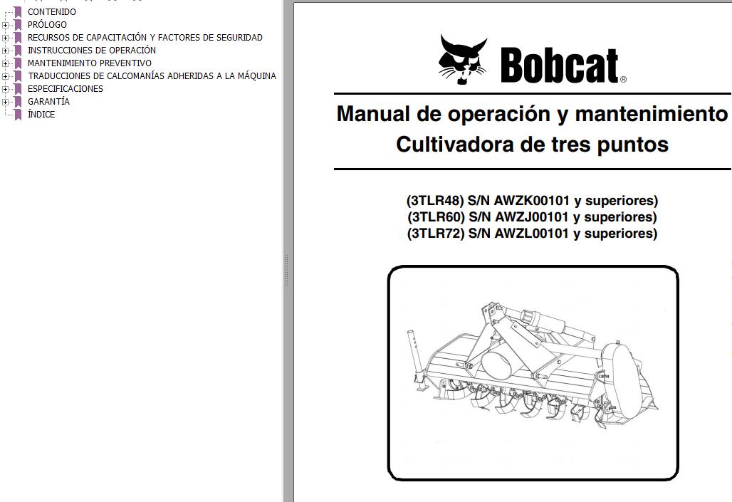 Bobcat Tiller 3TLR48 3TLR60 3TLR72 Operation Maintenance Manual 6990356 ES