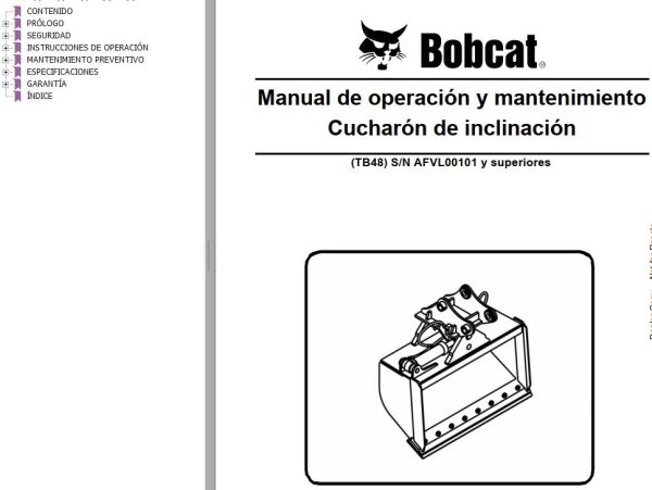 Bobcat Tilt Bucket TB48 Operation Maintenance Manual 6987461 ES