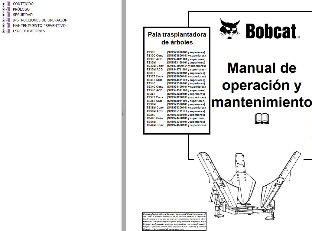 Bobcat Tree Spade TS30C to TS44M Operation Maintenance Manual 6900946 ES